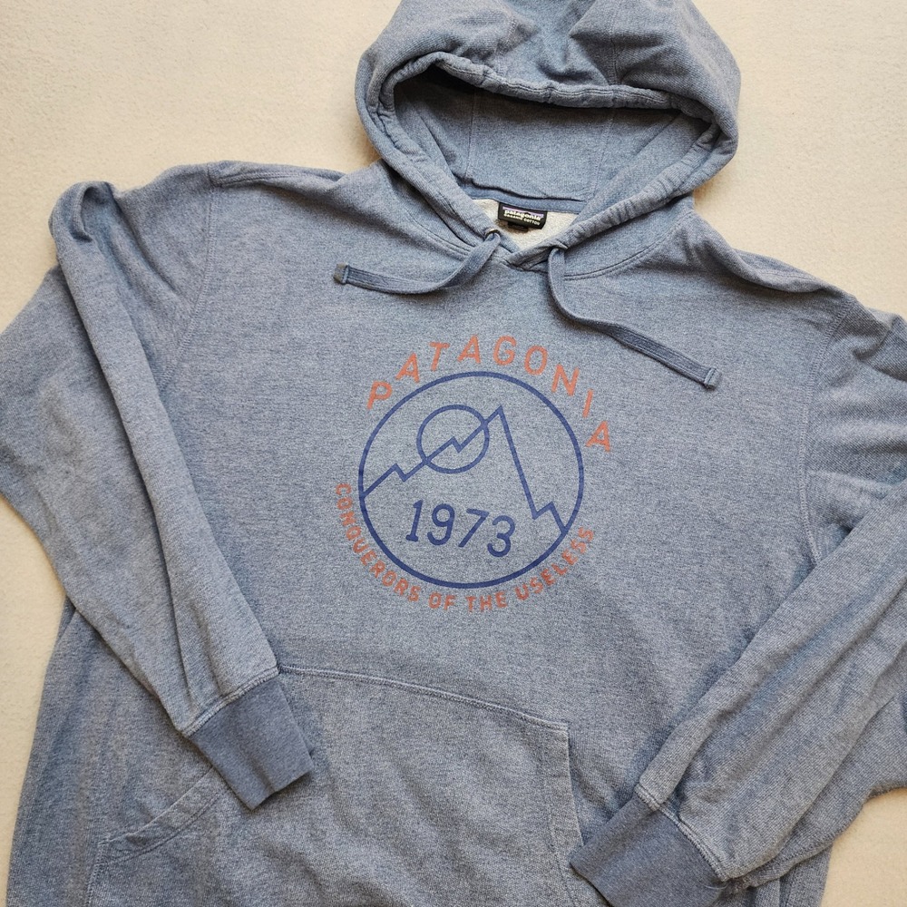 Patagonia 1973 Hoodie Men's Large Blue Organic Cotton Mountain Logo Pullover